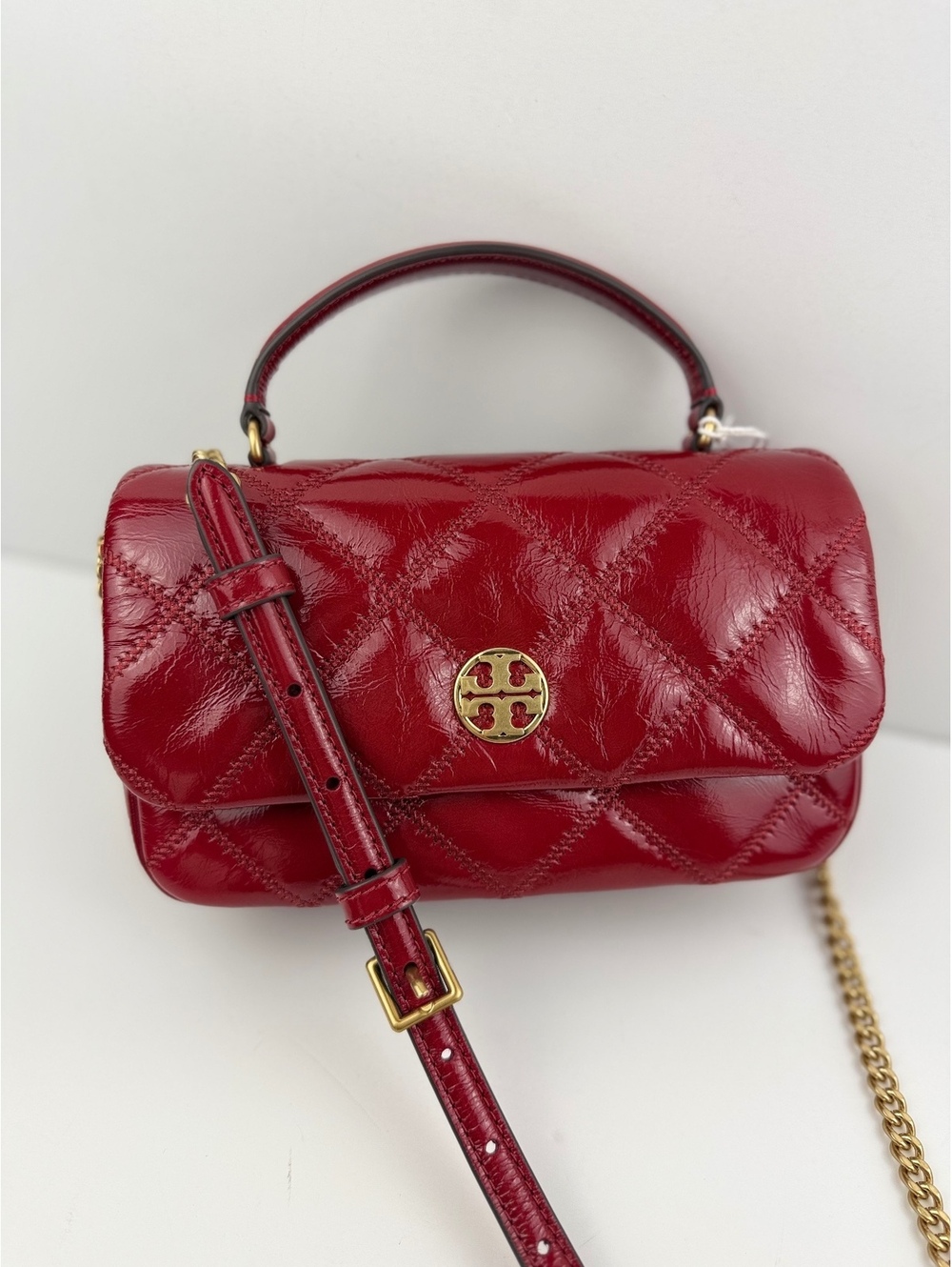Tory Burch Willa Shine Mini Top Handle Bag Berry Patent Leather $570